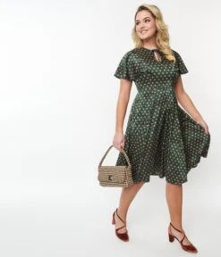 Unique Vintage Hunter Green & Rust Polka Dot Swing Dress -Pleaser Clothing Store unique vintage hunter green rust polka dot swing dress 490162