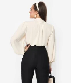 Unique Vintage Ivory Blouson Sleeve Bow Neck Top -Pleaser Clothing Store unique vintage ivory blouson sleeve bow neck top 184572