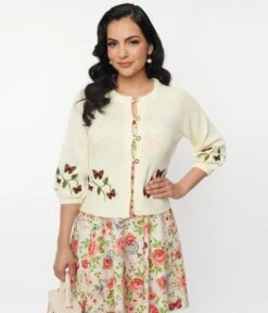 Unique Vintage Ivory Blouson Sleeve Cardigan -Pleaser Clothing Store unique vintage ivory blouson sleeve cardigan 548472