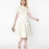 Unique Vintage Ivory Satin Button Bridal Swing Dress
