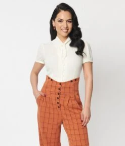 Unique Vintage Ivory Tie Neck Button Blouse -Pleaser Clothing Store unique vintage ivory tie neck button blouse 182234