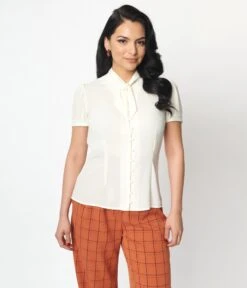 Unique Vintage Ivory Tie Neck Button Blouse -Pleaser Clothing Store unique vintage ivory tie neck button blouse 438090