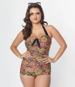 Unique Vintage Kaleidoscope Floral Pismo Romper Swimsuit -Pleaser Clothing Store unique vintage kaleidoscope floral pismo romper swimsuit 649275
