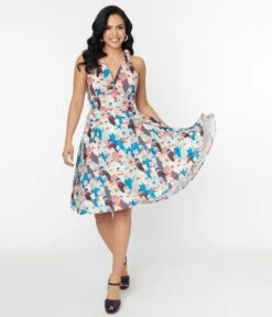 Unique Vintage La Jolla Cove Print Halter Swing Dress