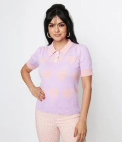 Unique Vintage Lavender & Pink Hearts Short Sleeve Sweater -Pleaser Clothing Store unique vintage lavender pink hearts short sleeve sweater 747290