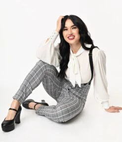 Unique Vintage Light Blue Glen Plaid Moorehead Suspender Pants -Pleaser Clothing Store unique vintage light blue glen plaid moorehead suspender pants 130995