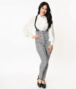 Unique Vintage Light Blue Glen Plaid Moorehead Suspender Pants -Pleaser Clothing Store unique vintage light blue glen plaid moorehead suspender pants 581118