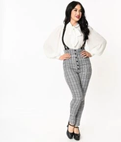 Unique Vintage Light Blue Glen Plaid Moorehead Suspender Pants -Pleaser Clothing Store unique vintage light blue glen plaid moorehead suspender pants 861470