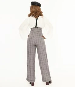 Unique Vintage Light Grey Windowpane Thelma Suspender Pants -Pleaser Clothing Store unique vintage light grey windowpane thelma suspender pants 340187