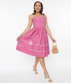 Unique Vintage Mauve Fish Embroidered Bobbie Swing Dress