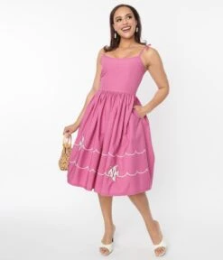 Unique Vintage Mauve Fish Embroidered Bobbie Swing Dress 9 Unique Vintage Mauve Fish Embroidered Bobbie Swing Dress -Pleaser Clothing Store unique vintage mauve fish embroidered bobbie swing dress 675050