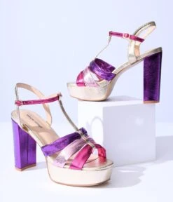 Unique Vintage Metallic Berry & Gold T-Strap Platform Heels