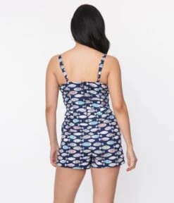 Unique Vintage Navy Fish Print Dolly Romper -Pleaser Clothing Store unique vintage navy fish print dolly romper 588160