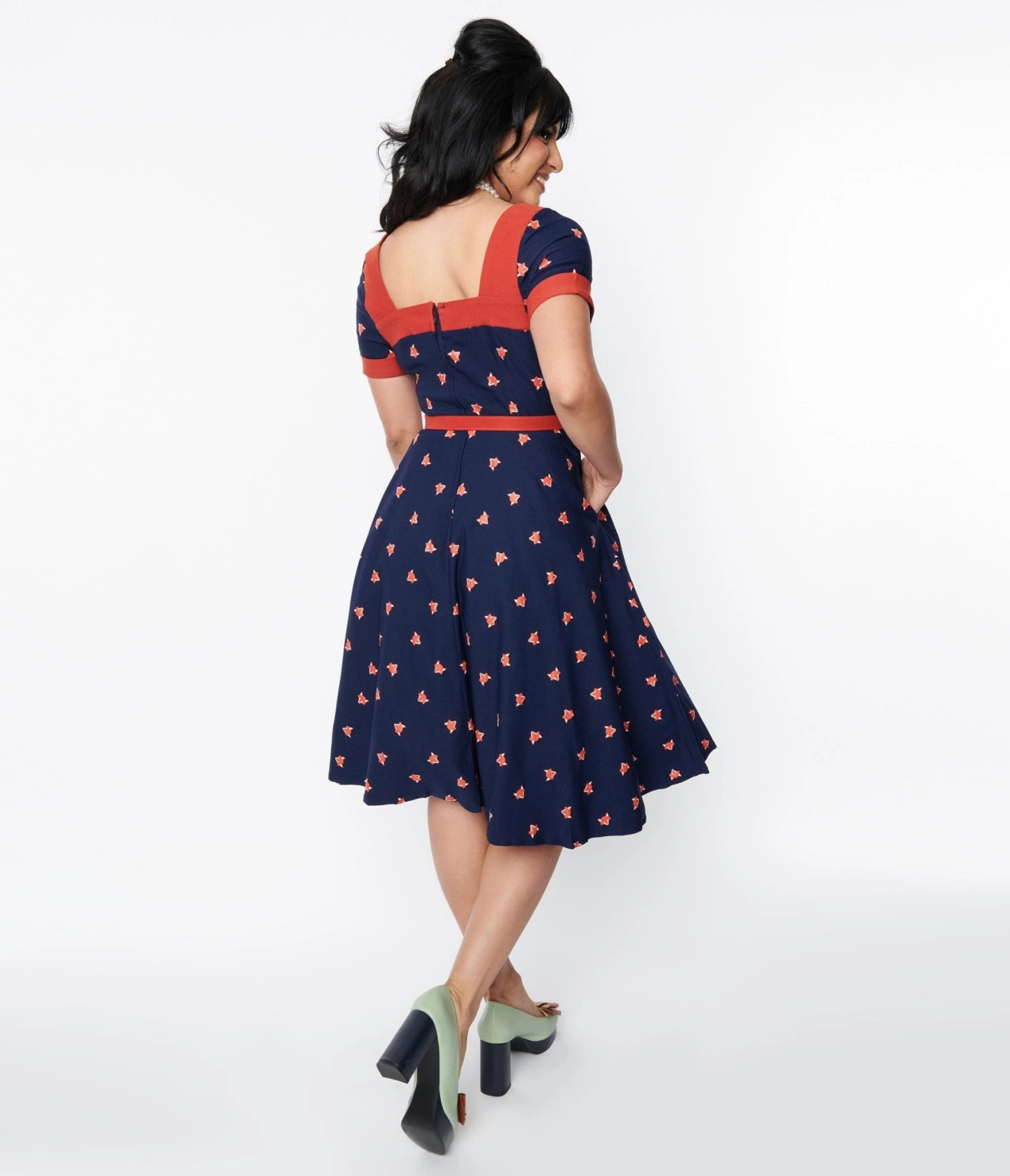 Unique Vintage Navy Fox Stamp Swing Dress 3 Unique Vintage Navy Fox Stamp Swing Dress - Image 3