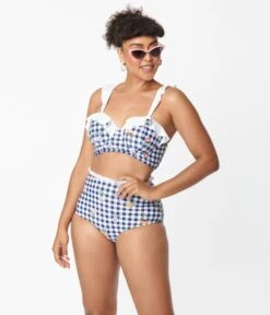 Unique Vintage Navy Gingham & Floral Cape May Swim Bottoms -Pleaser Clothing Store unique vintage navy gingham floral cape may swim bottoms 146683