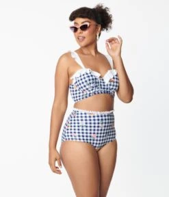 Unique Vintage Navy Gingham & Floral Cape May Swim Bottoms -Pleaser Clothing Store unique vintage navy gingham floral cape may swim bottoms 255163