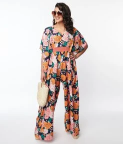Unique Vintage Navy & Pink Floral Caftan Jumpsuit -Pleaser Clothing Store unique vintage navy pink floral caftan jumpsuit 157624