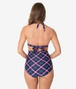 Unique Vintage Navy & Pink Plaid Monroe High Waist Swim Bottom -Pleaser Clothing Store unique vintage navy pink plaid monroe high waist swim bottom 195822