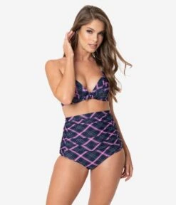 Unique Vintage Navy & Pink Plaid Monroe High Waist Swim Bottom -Pleaser Clothing Store unique vintage navy pink plaid monroe high waist swim bottom 492553