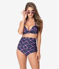 Unique Vintage Navy & Pink Plaid Monroe High Waist Swim Bottom -Pleaser Clothing Store unique vintage navy pink plaid monroe high waist swim bottom 906660