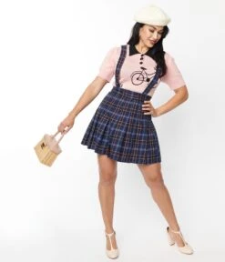 Unique Vintage Navy Plaid Pleated Suspender Mini Skirt -Pleaser Clothing Store unique vintage navy plaid pleated suspender mini skirt 833794