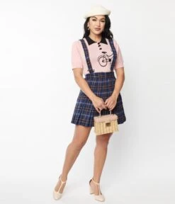 Unique Vintage Navy Plaid Pleated Suspender Mini Skirt -Pleaser Clothing Store unique vintage navy plaid pleated suspender mini skirt 980204