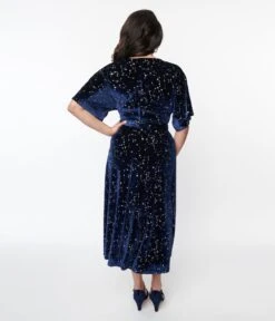 Unique Vintage Navy & Silver Stars Velvet Wrap Midi Dress -Pleaser Clothing Store unique vintage navy silver stars velvet wrap midi dress 601196
