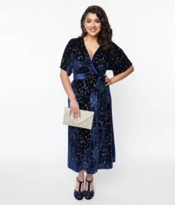 Unique Vintage Navy & Silver Stars Velvet Wrap Midi Dress -Pleaser Clothing Store unique vintage navy silver stars velvet wrap midi dress 764509