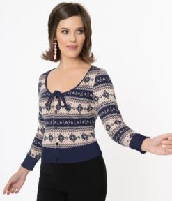 Unique Vintage Navy Snowflake Fair Isle Dandy Cardigan -Pleaser Clothing Store unique vintage navy snowflake fair isle dandy cardigan 210367