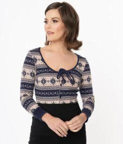 Unique Vintage Navy Snowflake Fair Isle Dandy Cardigan -Pleaser Clothing Store unique vintage navy snowflake fair isle dandy cardigan 545188