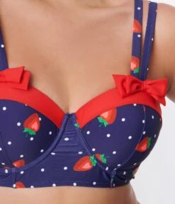 Unique Vintage Navy Strawberry Pin Dot Bowed Over Swim Top -Pleaser Clothing Store unique vintage navy strawberry pin dot bowed over swim top 736241
