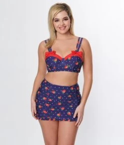 Unique Vintage Navy Strawberry Pin Dot Bowed Over Swim Top -Pleaser Clothing Store unique vintage navy strawberry pin dot bowed over swim top 985465