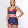 Unique Vintage Navy Strawberry Pin Dot Ruffled Swim Skirt