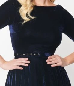 Unique Vintage Navy Velvet Devon Swing Dress -Pleaser Clothing Store unique vintage navy velvet devon swing dress 840595