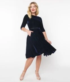 Unique Vintage Navy Velvet Devon Swing Dress