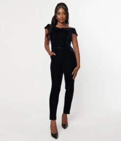 Unique Vintage Navy Velvet Gillian Jumpsuit -Pleaser Clothing Store unique vintage navy velvet gillian jumpsuit 377254