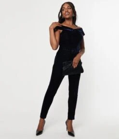 Unique Vintage Navy Velvet Gillian Jumpsuit -Pleaser Clothing Store unique vintage navy velvet gillian jumpsuit 471150