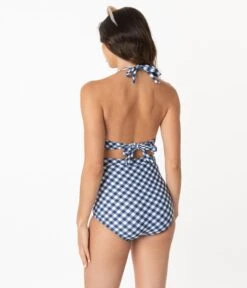 Unique Vintage Navy & White Gingham Monroe High Waist Swim Bottom -Pleaser Clothing Store unique vintage navy white gingham monroe high waist swim bottom 735109