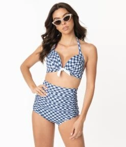 Unique Vintage Navy & White Gingham Monroe High Waist Swim Bottom -Pleaser Clothing Store unique vintage navy white gingham monroe high waist swim bottom 968882