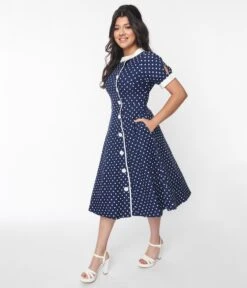 Unique Vintage Navy & White Pin Dot Contrast Button Swing Dress -Pleaser Clothing Store unique vintage navy white pin dot contrast button swing dress 238464