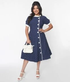 Unique Vintage Navy & White Pin Dot Contrast Button Swing Dress