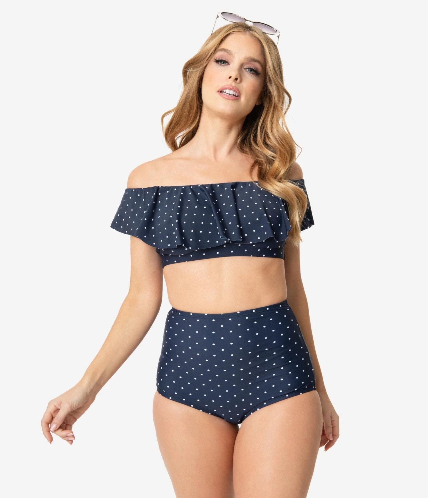 Unique Vintage Navy & White Pin Dot High Waist Louise Swim Bottoms 1 Unique Vintage Navy & White Pin Dot High Waist Louise Swim Bottoms