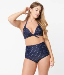 Unique Vintage Navy & White Pin Dot Monroe High Waist Swim Bottom -Pleaser Clothing Store unique vintage navy white pin dot monroe high waist swim bottom 124520