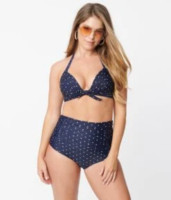 Unique Vintage Navy & White Pin Dot Monroe High Waist Swim Bottom -Pleaser Clothing Store unique vintage navy white pin dot monroe high waist swim bottom 388482