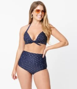 Unique Vintage Navy & White Pin Dot Monroe High Waist Swim Bottom