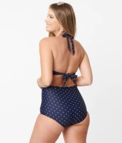 Unique Vintage Navy & White Pin Dot Monroe High Waist Swim Bottom -Pleaser Clothing Store unique vintage navy white pin dot monroe high waist swim bottom 980806