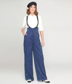Unique Vintage Navy & White Pinstripe Thelma Suspender Pants -Pleaser Clothing Store unique vintage navy white pinstripe thelma suspender pants 328031