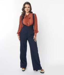Unique Vintage Navy Wide Leg Suspender Pants -Pleaser Clothing Store unique vintage navy wide leg suspender pants 267260
