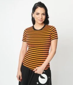 Unique Vintage Orange & Black Stripe Back To Basics Top 10 Unique Vintage Orange & Black Stripe Back To Basics Top -Pleaser Clothing Store unique vintage orange black stripe back to basics top 491546
