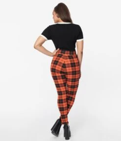 Unique Vintage Orange Plaid Rizzo Cigarette Pants -Pleaser Clothing Store unique vintage orange plaid rizzo cigarette pants 574948
